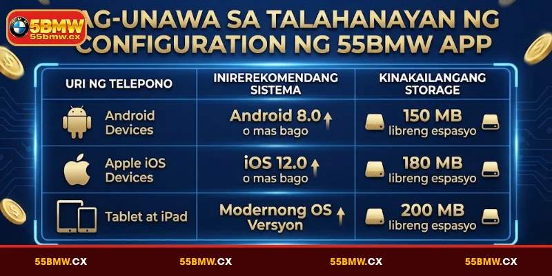 Pag-unawa sa talahanayan ng configuration ng 55BMW app